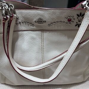 Coach Cream and Red Studded Leather Shoulder Bucket Bag